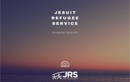 Image of a sunset over the ocean with the words 'Jesuit Refugee Service Examen Prayer' written across in white text. And the JRS & Pray as you Go Logos.