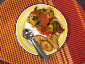 Yam porridge, fried fish and plantain
